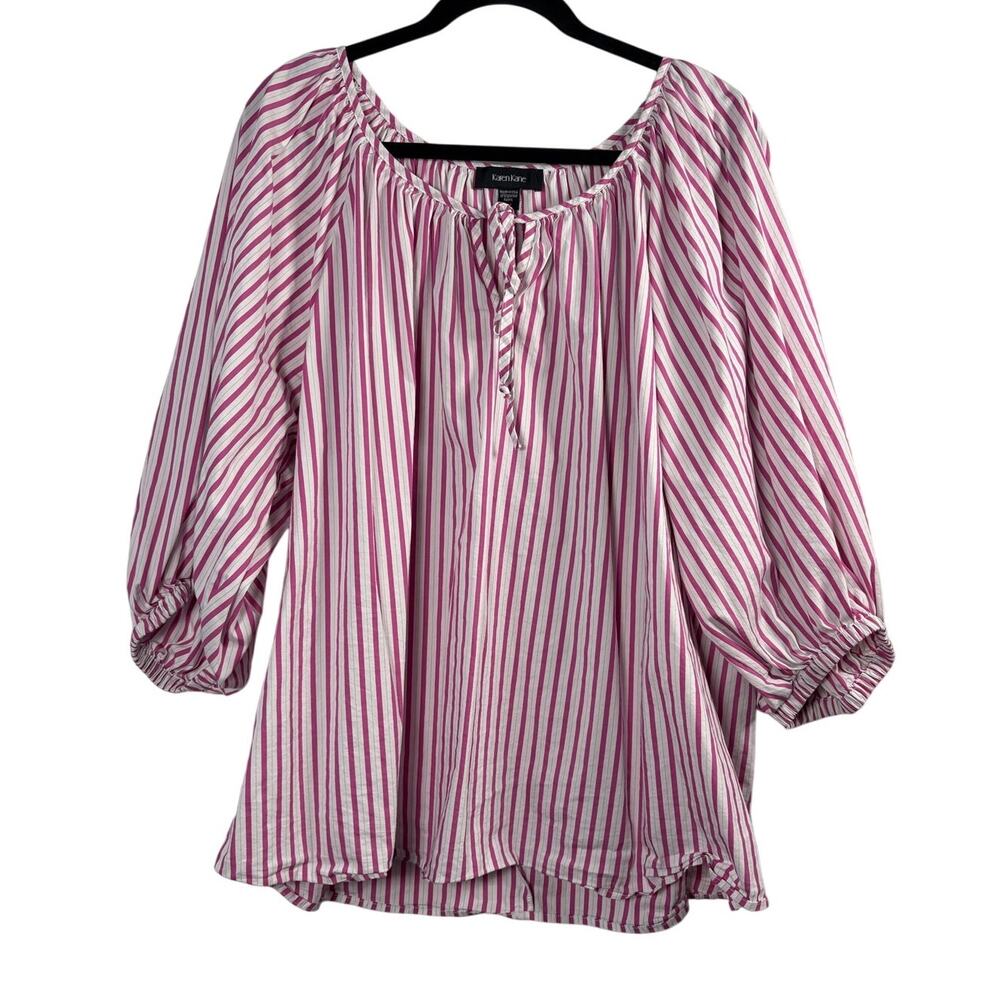 Karen Kane Pink Striped Peasant Blouse Cottagecore Tie Neck Balloon Sleeve 2X